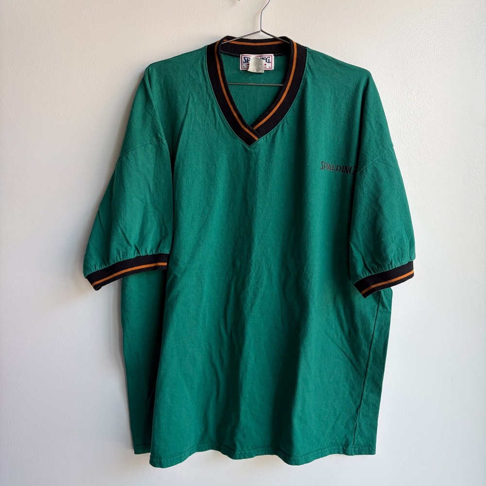 Spalding Athletic Apparel Mens XXL Green V-Neck Short Sleeve T-Shirt Vintage